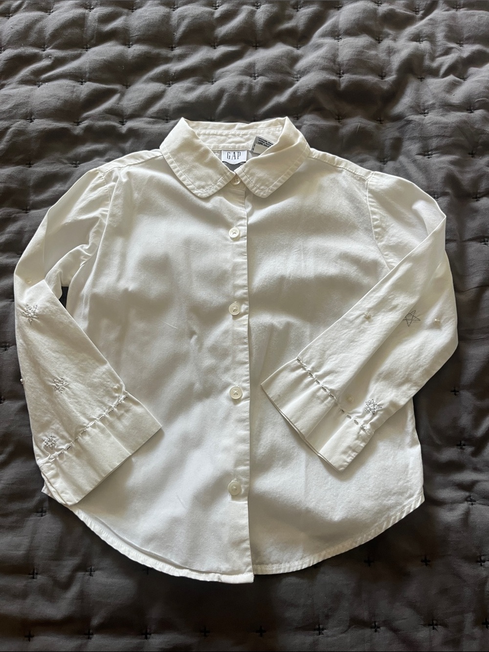 GAP White Girls' Button-Down Shirt with Embroidered Cuffs, XS, 4